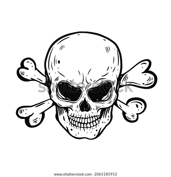 Pirate Evil scull and bones. Hand drawn black\
color vector illustration. Engraving retro sketch. Isolated on\
white background.