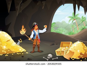 A pirate examines a jewel in a cave full of treasures on the island cartoon vector illustration