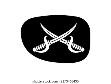 Pirate Eye Patch With Cross Cutlass Badge Vector Illustration. Corsair Sword Saber On Black Eyepatch Symbol Isolated On White Background.