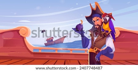 Pirate with eye patch, parrot on his shoulder and bomb in his hand stands on wooden deck of ship in open sea. Cartoon vector illustration of corsair captain in pirate tri corn hat with funny bird.