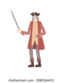 Un pirata con un parche en un camisol rojo y un sombrero. Corsair con un sable y un gancho en lugar de una mano. Ilustración vectorial en estilo plano.