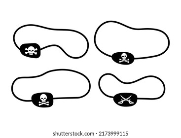 Pirate eye patch with skull and cross bones and cutlass bandage set. Black silhiuette blindfold mask for corsair lost eye with jolly roger skeleton head and crossbones vector flat design illustration.