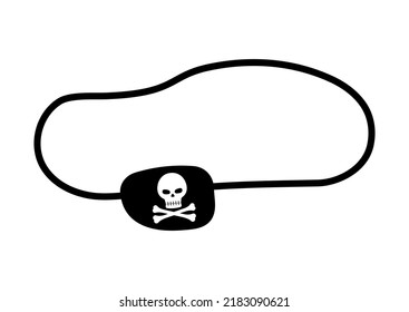 Pirate eye patch with skull and cross bones vector illustration. Simple black silhiuette blindfold mask with cord for lost eye with skeleton head and crossbones.