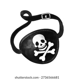 Pirate eye patch with skull and crossbones in monochrome halftone style. Classic buccaneer accessory isolated on white, symbolizing piracy, danger, adventure, and rebellion.