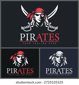 Logo de la mascota de la cara del pirata fijado con la Ilustración vectorial cruzada de las espadas