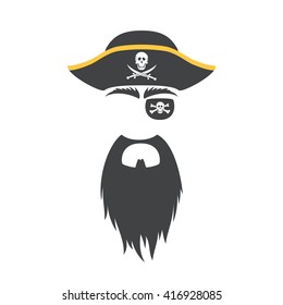 Pirate face set. Mask. Party corsair birthday photo booth props. Cocked hat, beard, eyecup, eyebrows. Vector illustration 