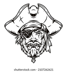 Pirate face wearing hat   eye patch  monochrome vintage vector illustration