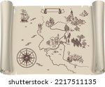 Pirate fantasy treasure map illustration in a vintage retro engraved woodcut etching style