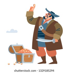 Pirate finally reached the goal. Found a treasure, a large chest of gold. Vector illustration of flat cartoon on white background