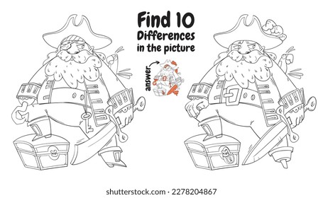 Pirate. Find 10 differences in the picture. Educational game for children. Choose correct answer. Coloring book. Cartoon characters. Funny vector illustration. Isolated white background