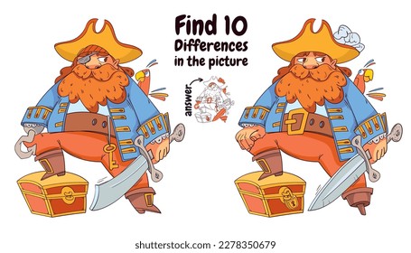 Pirate. Find 10 differences in the picture. Educational game for children. Choose correct answer. Colorful cartoon characters. Funny vector illustration. Isolated white background