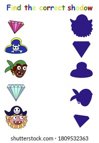 Pirate find the correct shadow children vector worksheet. Shadow matching with pirates, brilliants and hat. Colorful vertical printable activity page for kids. 