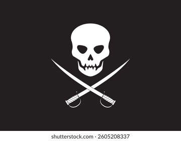 Pirate flag cheerful Roger with two sabers crossed. Pirate skull on a black background. Pirate symbol. EPS 10. Vector illustrations