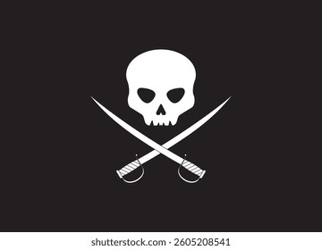 Pirate flag cheerful Roger with two sabers crossed. Pirate skull on a black background. Pirate symbol. EPS 10. Vector illustrations