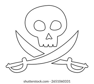 Design de bandeira pirata com crânio e espadas cruzadas desenho de linha. Imagem de clipart isolada no plano de fundo.
