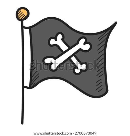 Pirate flag doodle icon vector isolated. Hand-drawn illustration of a black flag with a skull on it. Concept of piracy. Skull and bones crossed. Symbol of a pirate ship.