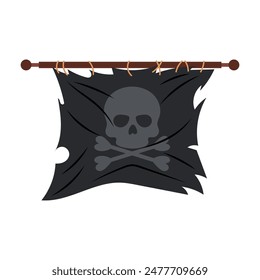 Pirate flag in flat style. Black flag with a skull emblem on a white background. Pirate symbol. Cartoon pirate flag.