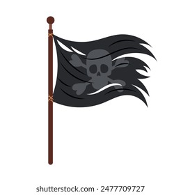 Pirate flag in flat style. Black flag with a skull emblem on a white background. Pirate symbol. Cartoon pirate flag.