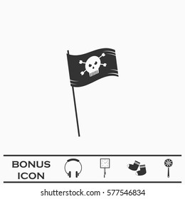 Pirate flag icon flat. Black pictogram on white background. Vector illustration symbol and bonus button