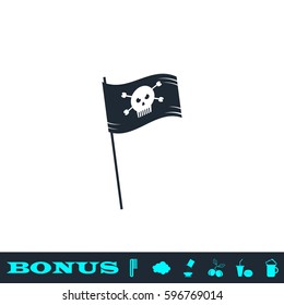 Pirate flag icon flat. Black pictogram on white background. Vector illustration symbol and bonus button