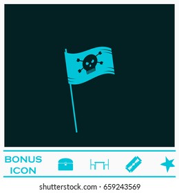 Pirate flag icon flat. Blue pictogram on dark background. Vector illustration symbol and bonus icons