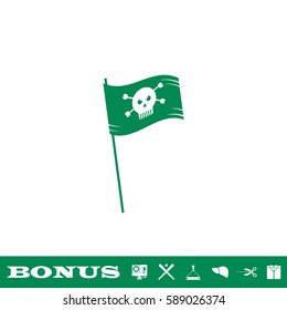 Pirate flag icon flat. Green pictogram on white background. Vector illustration symbol and bonus button