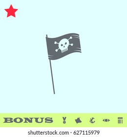 Pirate flag icon flat. Grey pictogram on blue background. Vector illustration symbol and bonus buttons medal, cow, earth, eye, calculator