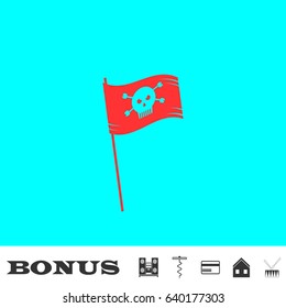 Pirate flag icon flat. Red pictogram on blue background. Vector illustration symbol and bonus buttons Music center, corkscrew, credit card, house, drum