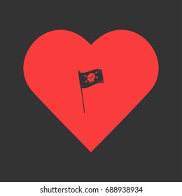 Pirate flag icon flat. Simple pictogram on heart background. Vector illustration symbol