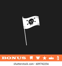 Pirate flag icon flat. White pictogram on black background. Vector illustration symbol and bonus button tooth, vase, star, mirror, bottle