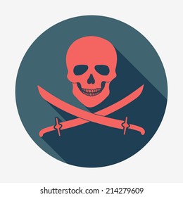 Pirate flag icon, jolly roger, skull and sabers. Flat design style modern vector illustration. Isolated on stylish color background. Square flat long shadow icon. Elements in flat design.