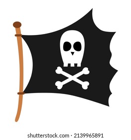 Pirate flag icon. Raider ship pennant with crossed bones and skull illustration.  Black marine robber banner. Treasure hunt element isolated on white background
