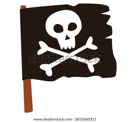 Pirate flag icon with skull and crossbones design on torn black background. Clipart image isolated on background.