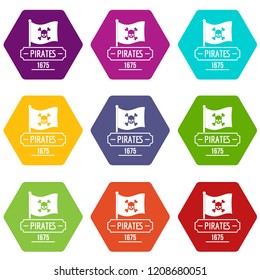 Pirate flag icons 9 set coloful isolated on white for web