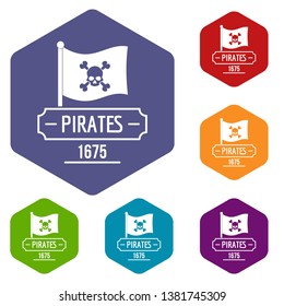 Pirate flag icons vector colorful hexahedron set collection isolated on white 