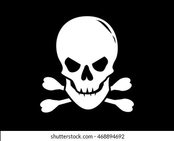 Pirate flag with image of human skull and crossbones on black background. 	
Filibuster symbol. Art vector illustration.