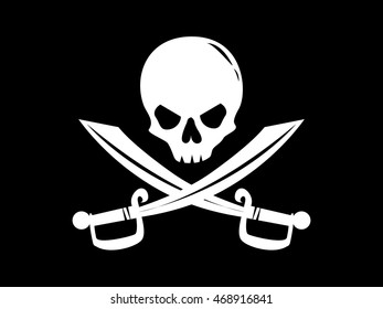 Pirate flag with image of human skull and crossed sabers on black background. 	
Filibuster symbol. Art vector illustration.