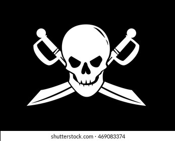 Pirate flag with image of human skull and crossbones on black background. 	
Filibuster symbol. Art vector illustration.