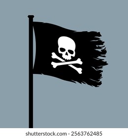 Pirate flag. Jolly Roger, a black pirate flag with Adam's head (human skull) and bones. Symbol of sea robbers and plunderers.