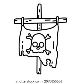 Pirate flag on wooden cross sketch. Skull with bones emblem. Doodle hand drawn illustration. Vector line icon