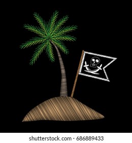 Pirate flag with palm tree embroidery stitches imitation on black background. Embroidery vector illustration with pirates flag and exotic palm tree. 