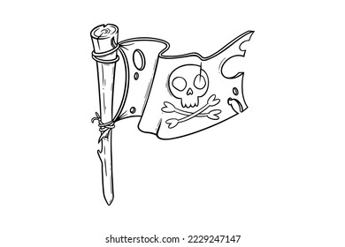 Pirate flag sketch. Torn flag with crossbones and a skull. Vector illustration isolated in white background