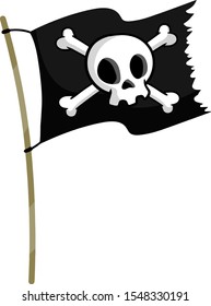 Pirate flag. Skull and bones on black ribbon. Emblem and symbol of theft and robber. element of death. Cartoon flat illustration. A flagpole with a stick and rope.