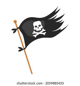 Pirate flag with skull. Carnival costume props. Party adventure. Piracy icon isolated on white background. Vector illustration in flat cartoon style.