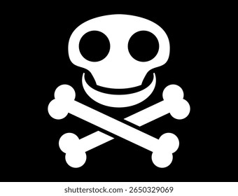 Pirate flag with skull and crossbones, cartoon illustration of human skull with crossed bones, isolated on black background