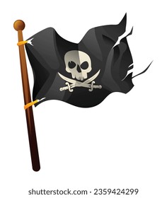 Pirate flag with skull and crossbones. Tattered pirate flag vector cartoon illustration