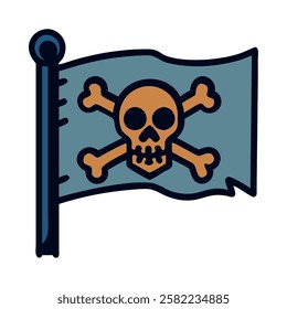 Pirate flag with skull and crossbones waving isolated vector illustration