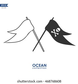 pirate flag with skull and crossbones and white flag, vector illustration isolated on white