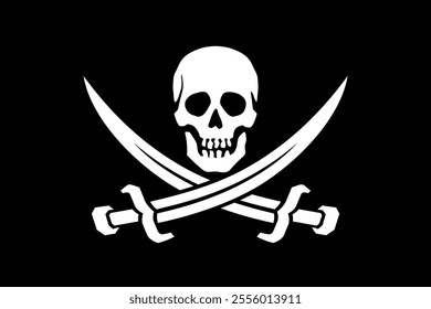 Pirate flag. Skull with sabres. Jolly Roger, black pirate flag with Adam's head (human skull). Symbol of death, poison or sea robbers and plunderers.