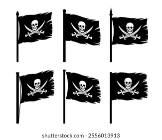 Pirate flag. Skull with sabres. Jolly Roger, black pirate flag with Adam's head (human skull). Symbol of death, poison or sea robbers and plunderers.